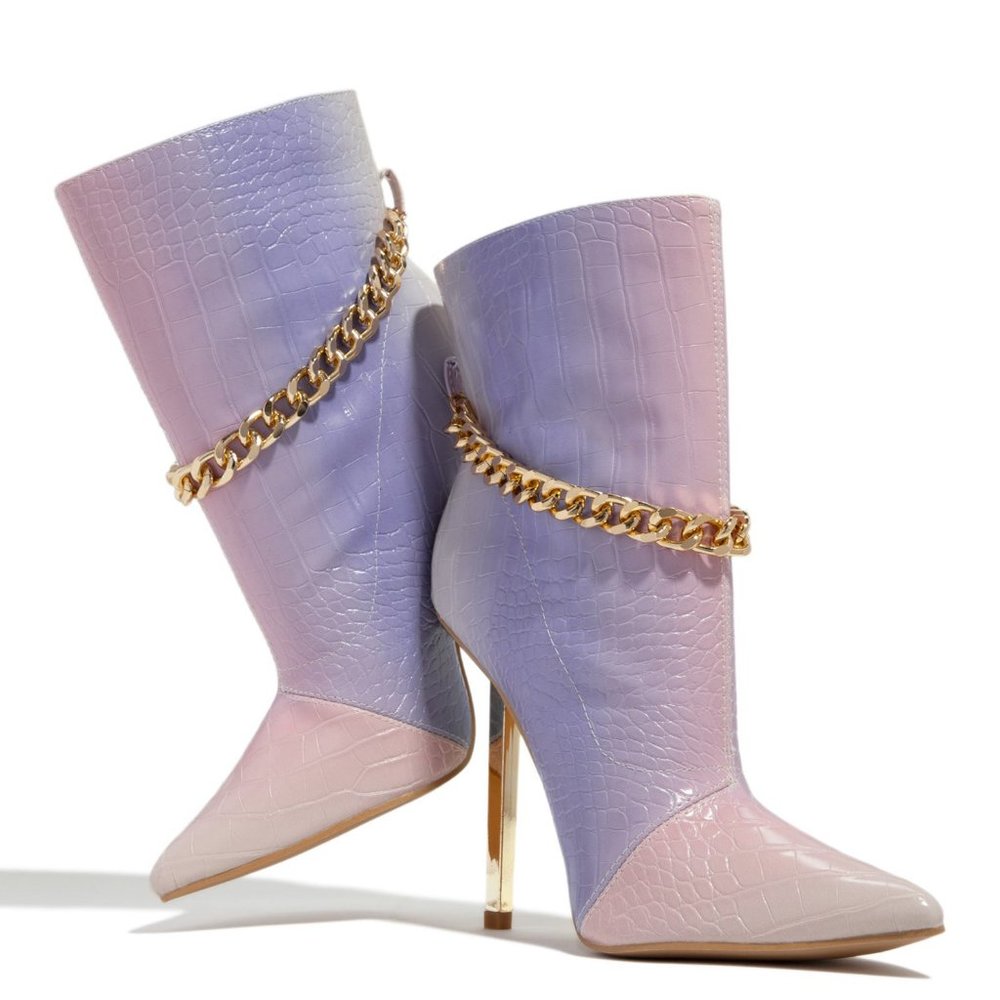 NEW🔥Embossed Multi-Color Pointy Toe Ankle Booties Boot Gold Chain Stiletto Heel - Picture 2 of 7